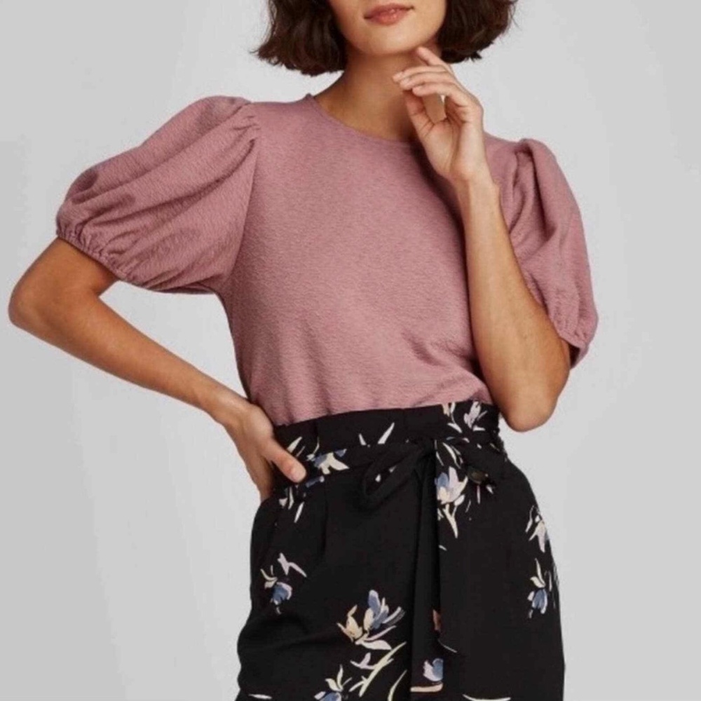 A New Day Puff sleeve blouse in a dusty rose color.